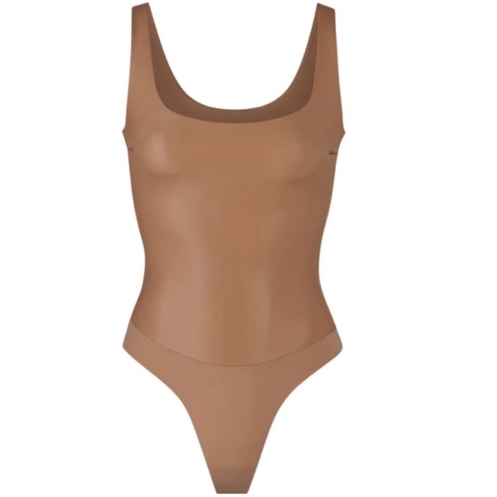 SKIMS Brown Faux Leather Scoop-Neck Thong Bodysuit